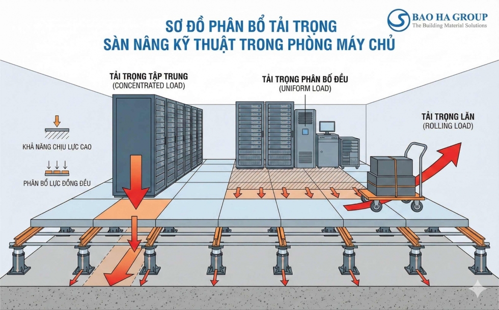 Sơ đồ phân bổ tải trọng sàn nâng kỹ thuật trong phòng máy chủ